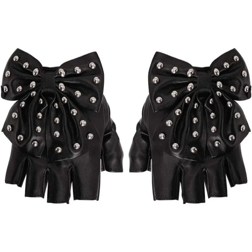 Women's Punk Rock Big Bowknot PU Leather Stage Dance Half Finger Black Gloves